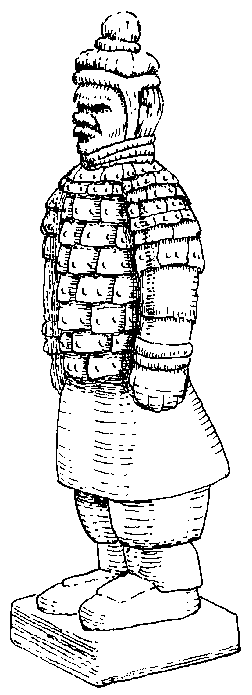 A black and white line drawing of a terracotta soldier resembling one of the thousands of similar statues found in the necropolis of China's first emperor.