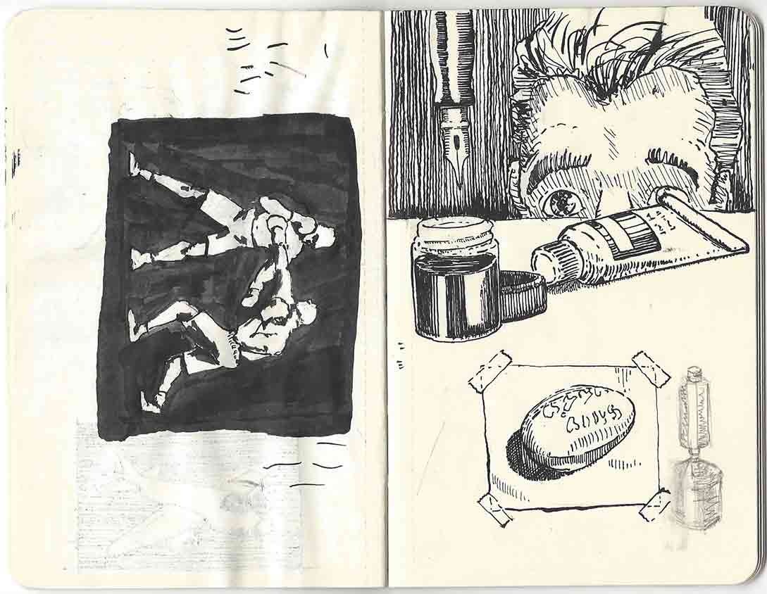 A two-page spread from a small notebook. The first page shows a small ink drawing of two boxers. The second page includes sketches of various drawing implements, an egg of silly putty, and the top half of a man's head peeking out at it all from the other side of the table.