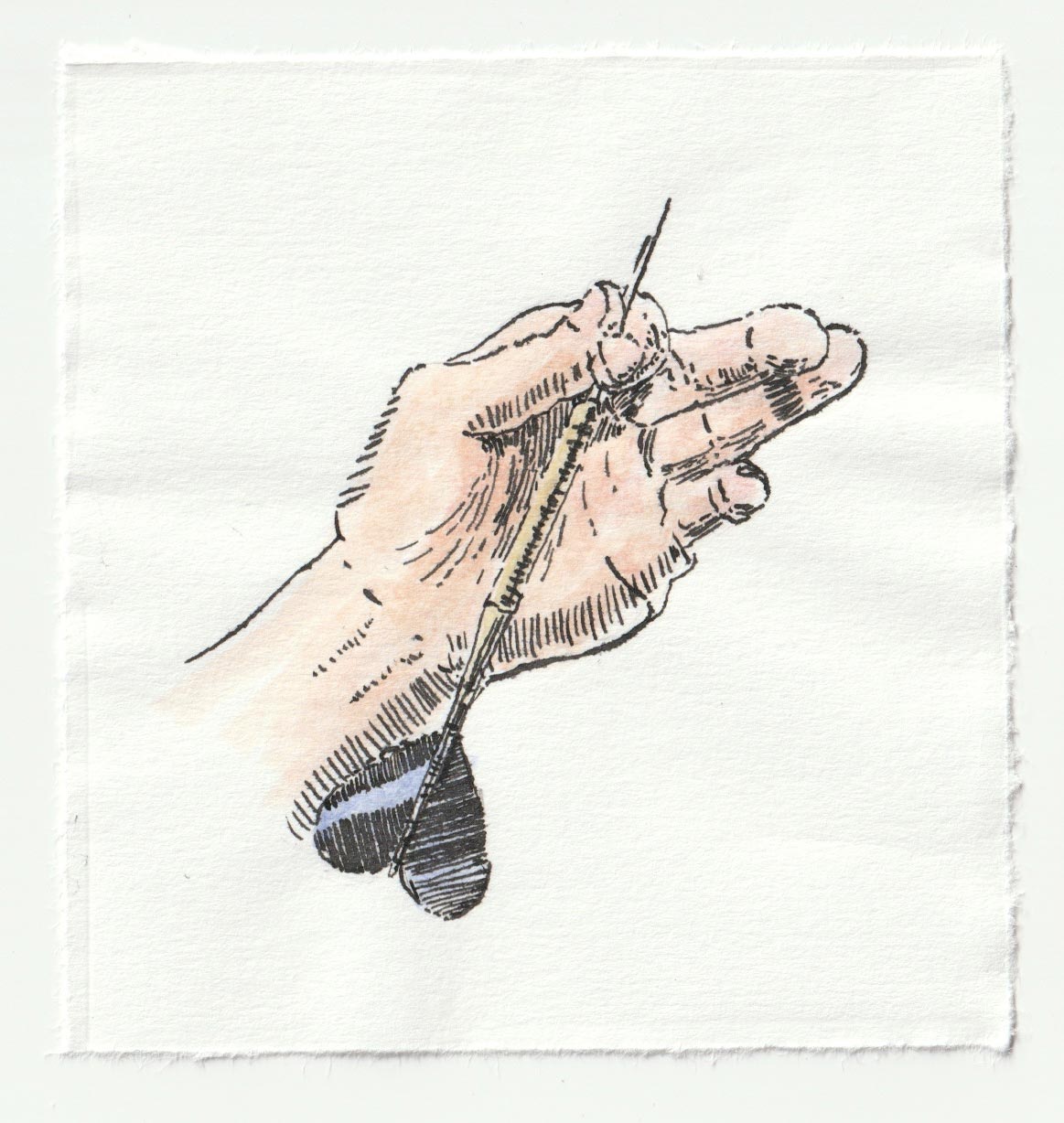 Small watercolor drawing of a hand holding a playing dart.