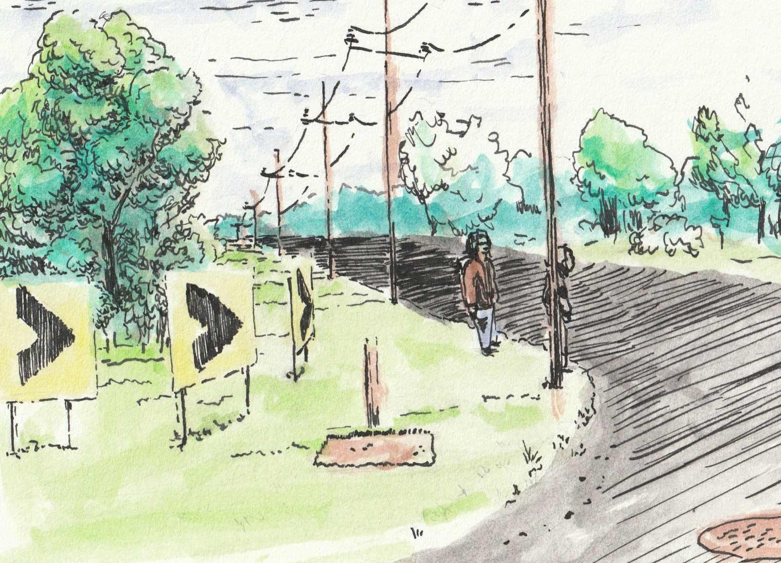 Small watercolor drawing of two people standing near some telephone poles on the side of a rural road.