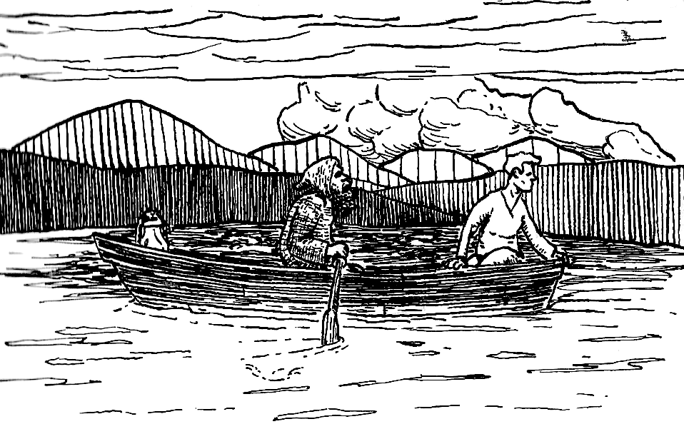 A small pen and ink drawing of two men in a rowboat. The rower wears a hood and has a beard. The passenger sits in the bow, looking back at the shore the boat departed.